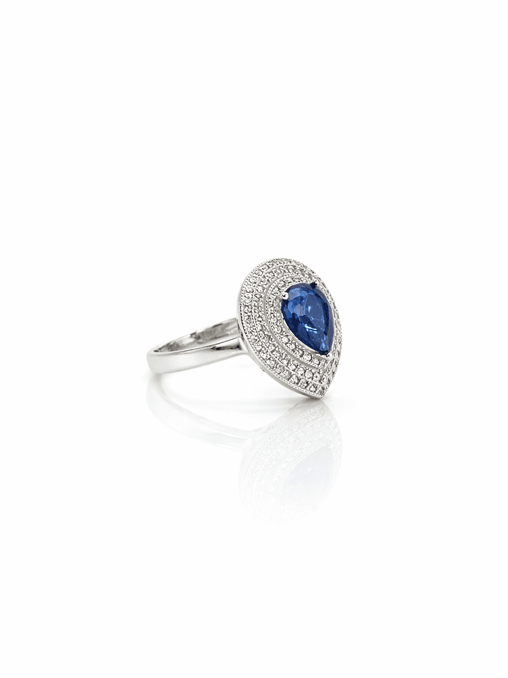 Sterling Silver Royal Blue Pear Cut Ring with Double Halo