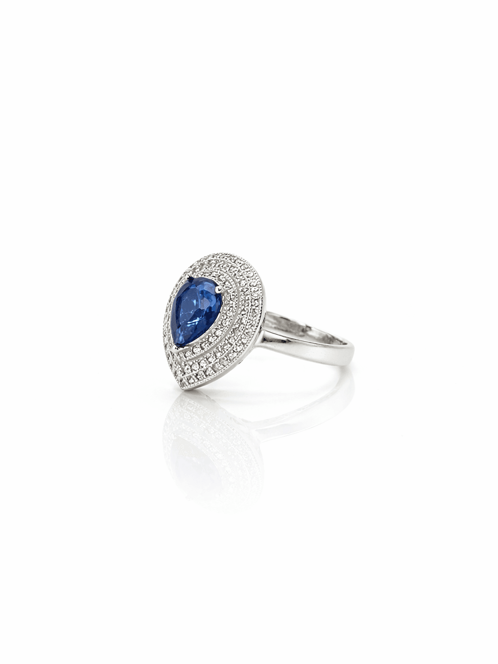 Sterling Silver Royal Blue Pear Cut Ring with Double Halo