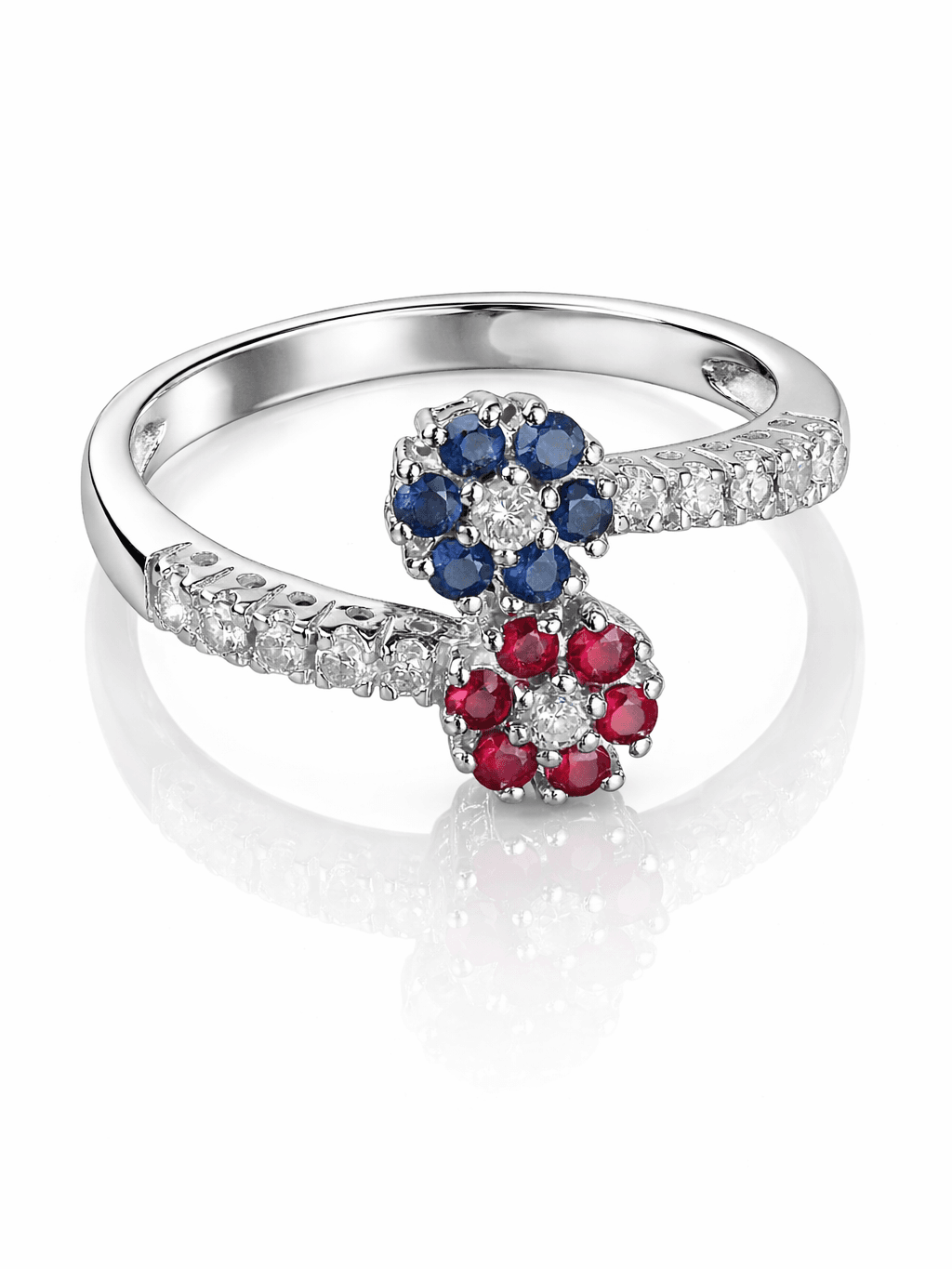 Silver Double Flower Ring Ruby & Sapphire Stones