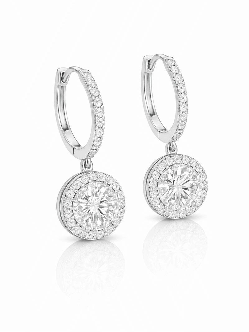 Classic Round Halo Drop Pave Hoop Earrings