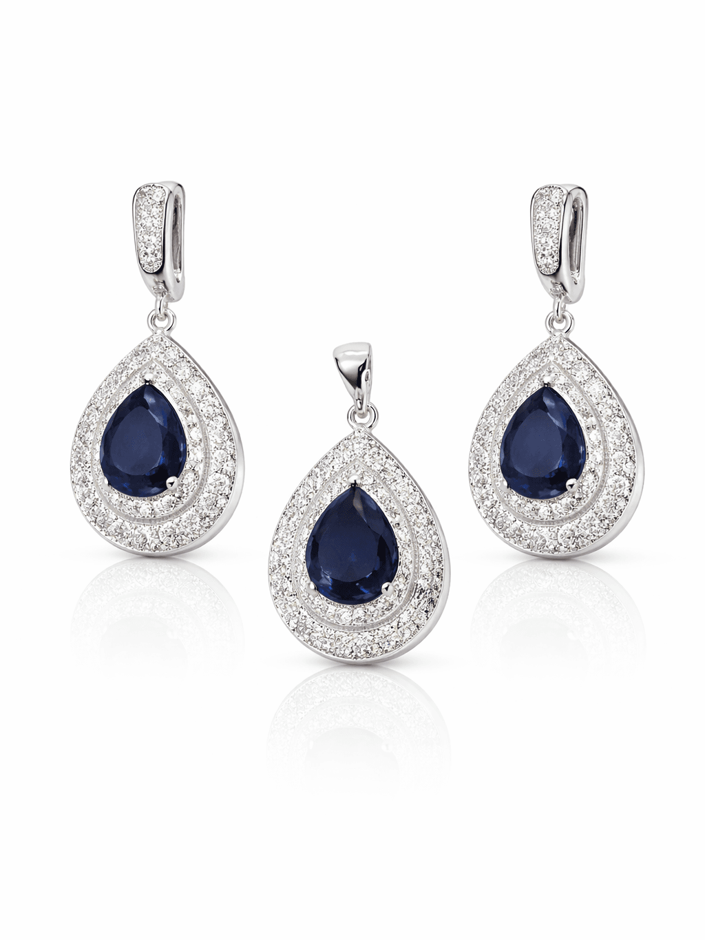Elegant Sterling Silver Royal Blue Teardrop Pendant Set with Halo