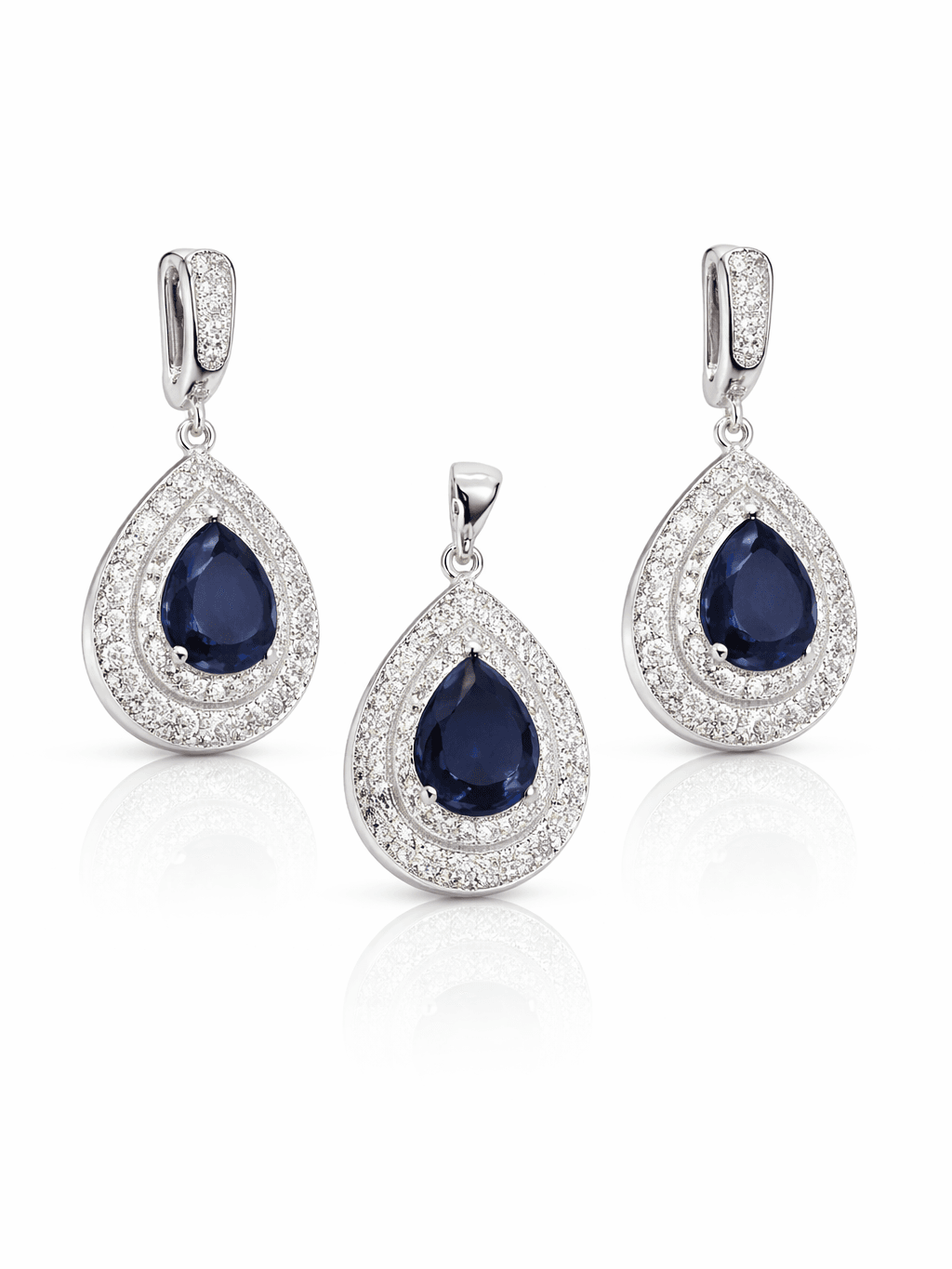 Elegant Sterling Silver Royal Blue Teardrop Pendant Set with Halo