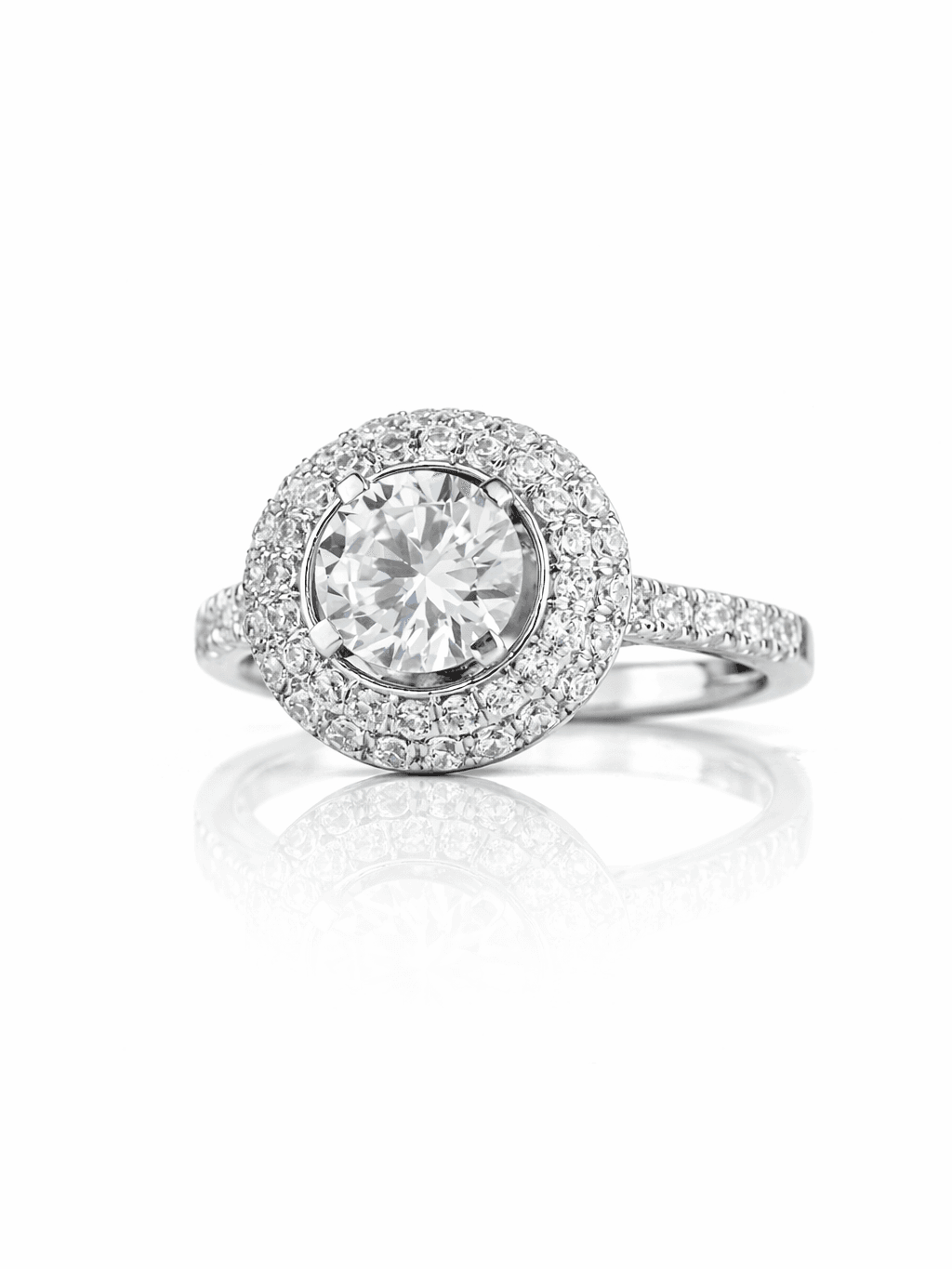 Sterling Silver Round Halo Engagement Ring Pave Band