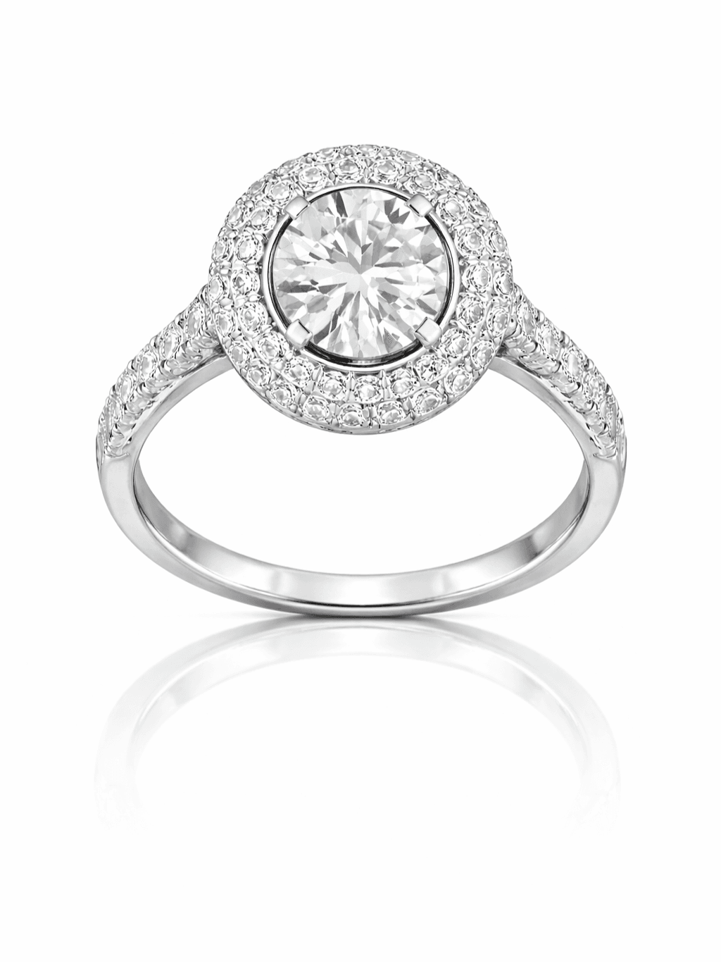 Sterling Silver Round Halo Engagement Ring Pave Band